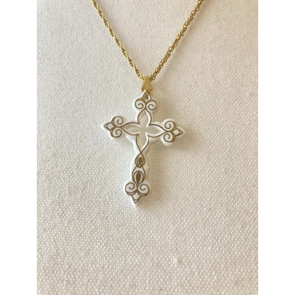 Avon Gold-Tone & White Enamel Cross Pendant Necklace